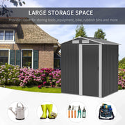 Grey metal garden shed on a lawn outside a house, with icons for a watering can, wellington boots, secateurs and a tool bag