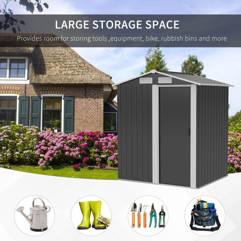 Grey metal garden shed on a lawn outside a house, with icons for a watering can, wellington boots, secateurs and a tool bag