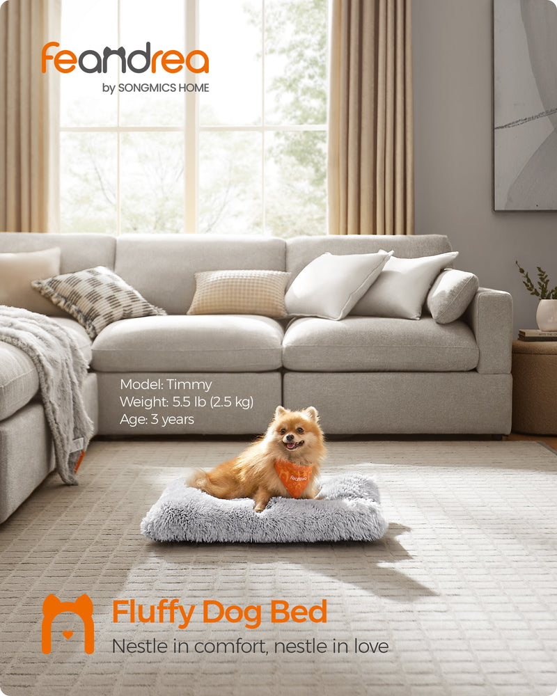 Feandrea by Songmics Home branded lifestyle shot of the grey fluffy dog bed in a living room