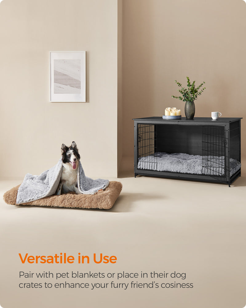 Dog bed paired with a blanket and placed inside a dog crate for versatile use