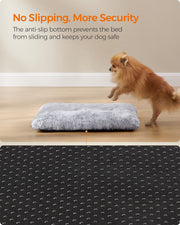 Dog jumping onto the fluffy dog bed showing the non-slip base on a wood floor
