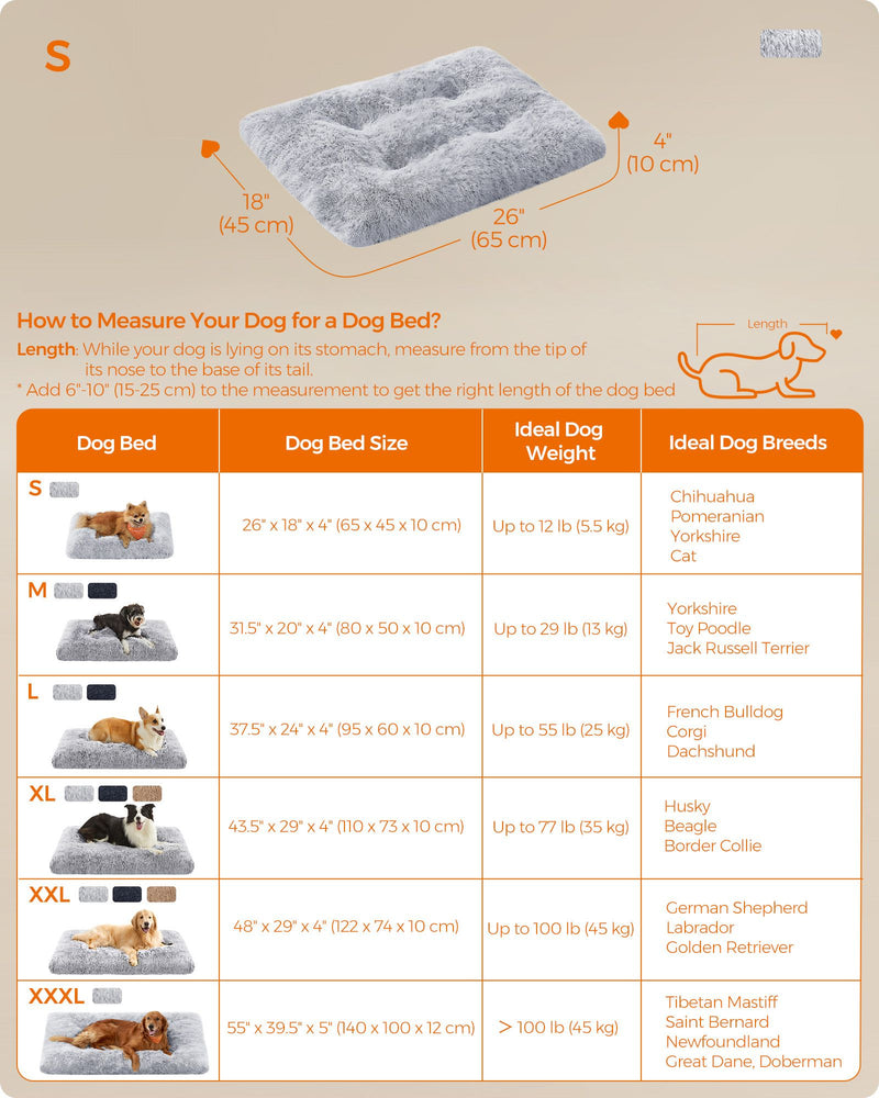 Dimensions diagram showing the size S dog bed at 65 x 45 x 10 cm with a breed size guide chart