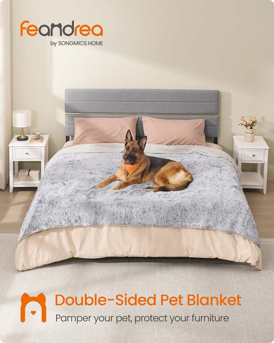 German Shepherd resting on the Grey Ombre Waterproof Dog Blanket spread over a bed
