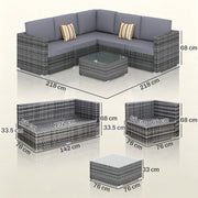 Dimensions diagram of the rattan corner sofa set showing 218 cm sides, 68 cm height and individual piece sizes