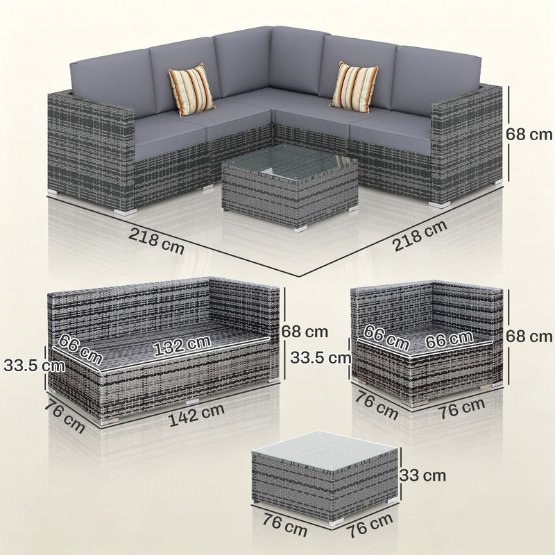 Dimensions diagram of the rattan corner sofa set showing 218 cm sides, 68 cm height and individual piece sizes