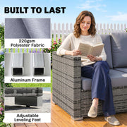 Woman reading on the rattan sofa with callouts for polyester fabric, aluminium frame and adjustable feet
