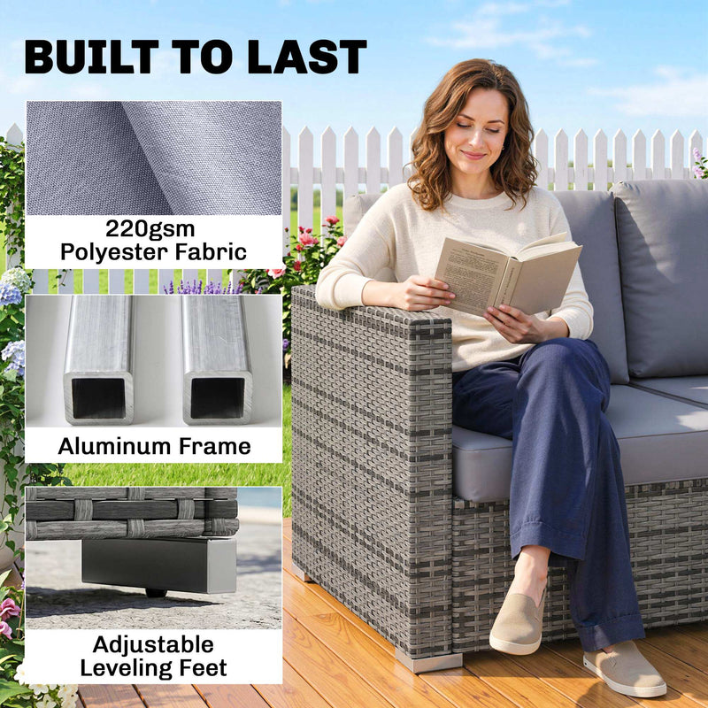 Woman reading on the rattan sofa with callouts for polyester fabric, aluminium frame and adjustable feet