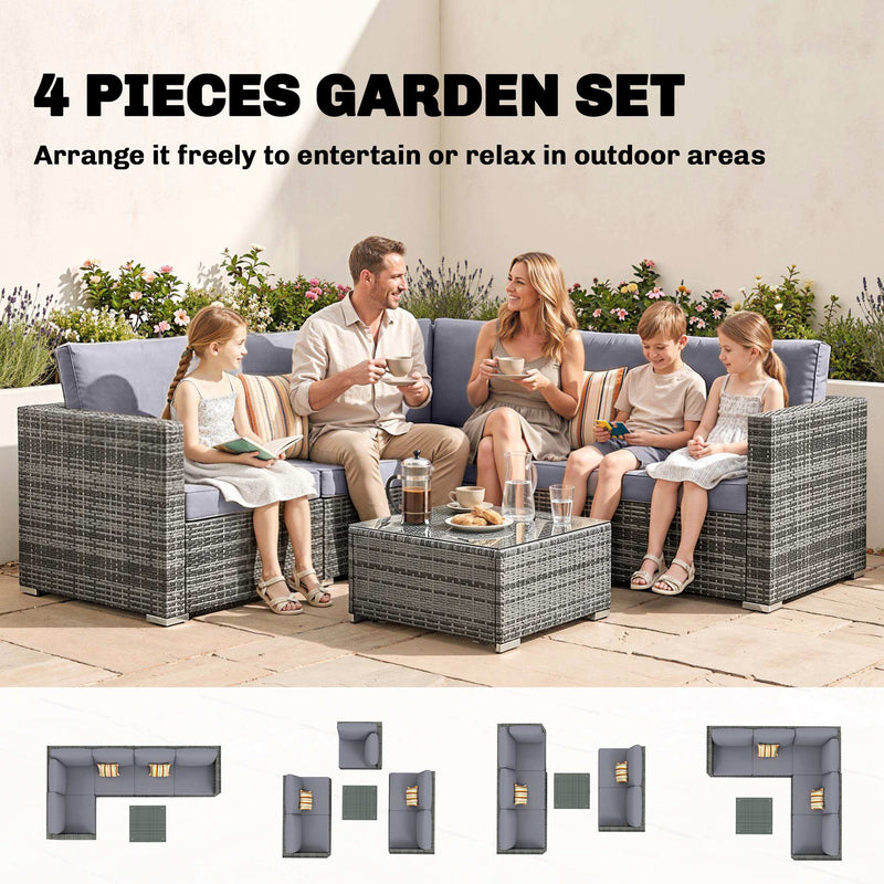 Family seated on the garden sofa set with layout diagrams showing 4 pieces arranged freely