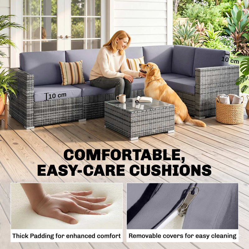 Woman and dog on the rattan sofa with close-ups of thick padding and removable zipped cushion covers