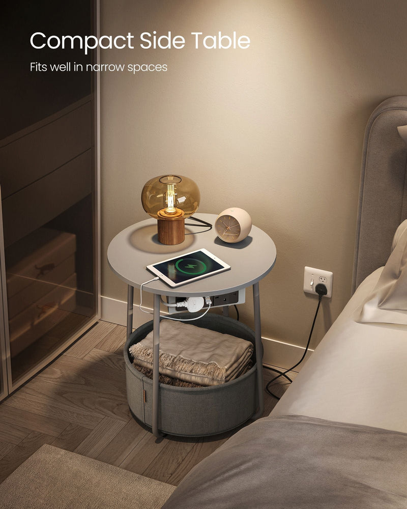 Vasagle round side table - close-up of built-in power outlets and USB ports