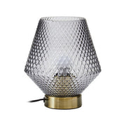 Grey smoked embossed glass table lamp with gold ring base