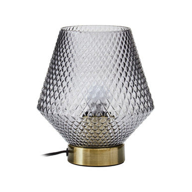 Grey smoked embossed glass table lamp with gold ring base
