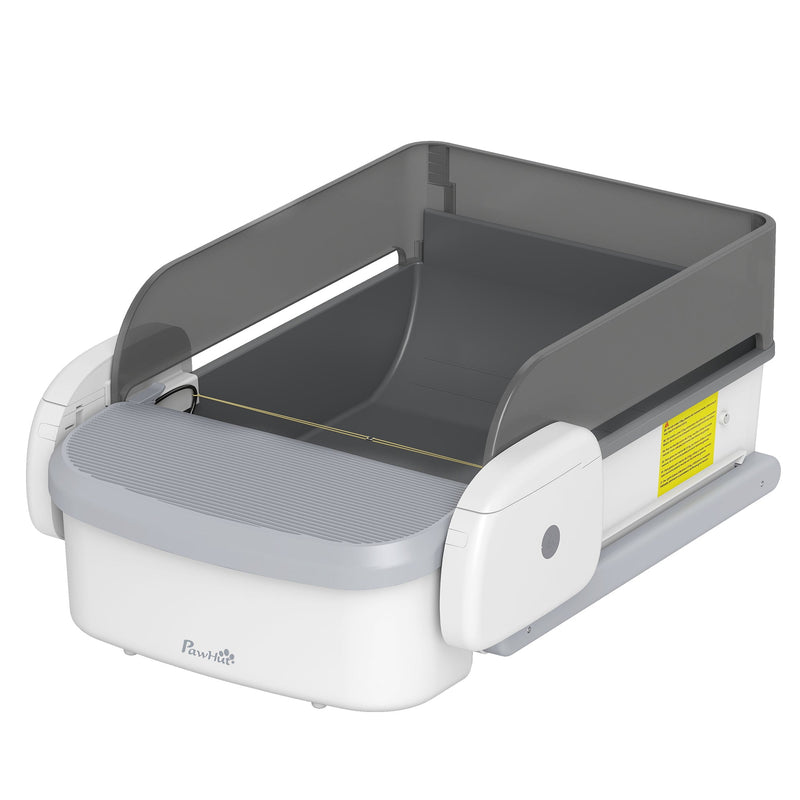 Grey and white self-cleaning cat litter tray with open-top hood on a white background