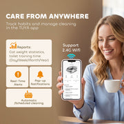 TUYA app screens showing toilet-use reports and alerts beside a smiling woman