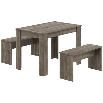 Grey wood effect dining table with two benches on a white background