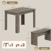 Dimensions diagram showing table and bench sizes with 50 kg and 100 kg load icons