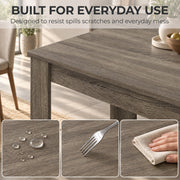Panel showing the table surface resisting water drops and being wiped clean with a cloth
