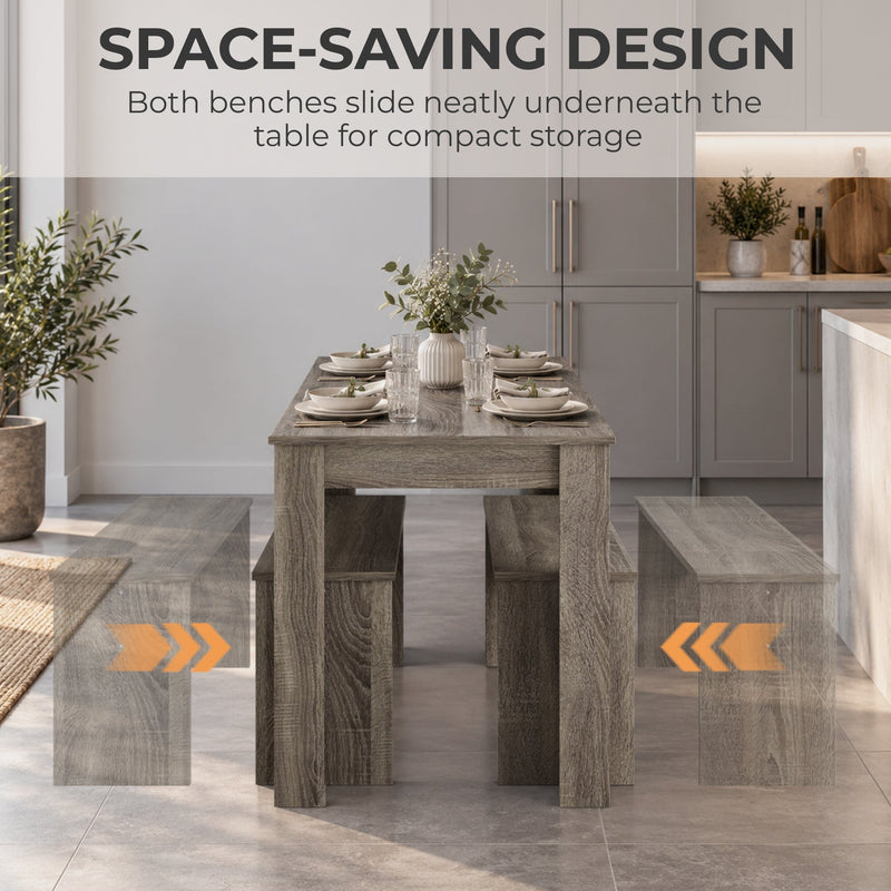 Space-saving panel showing both benches sliding under the table