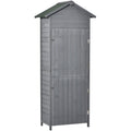 Dark grey wooden garden shed with an apex asphalt roof and closed doors, front view