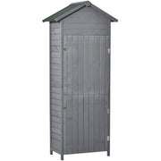 Dark grey wooden garden shed with an apex asphalt roof and closed doors, front view
