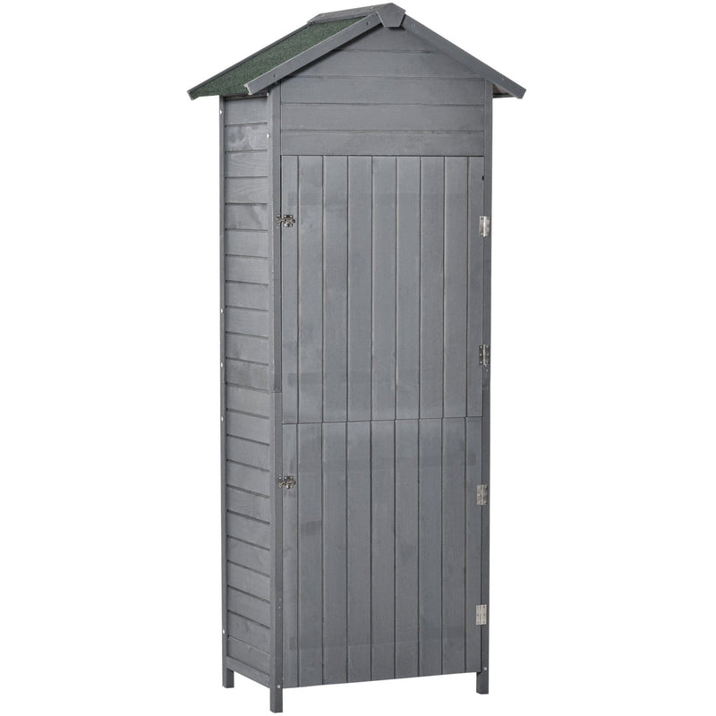 Dark grey wooden garden shed with an apex asphalt roof and closed doors, front view