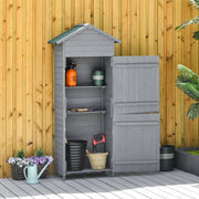 Wooden garden shed open against a wooden fence with tools and pots on the shelves