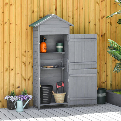 Wooden garden shed open against a wooden fence with tools and pots on the shelves