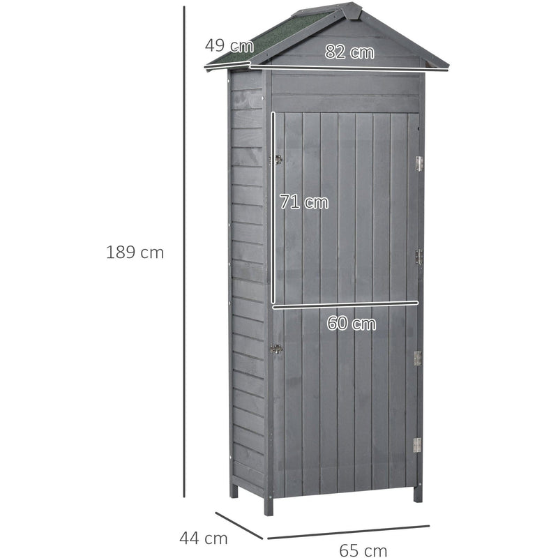 Dimension diagram of the wooden garden shed, 189cm tall, 82cm wide and 49cm deep