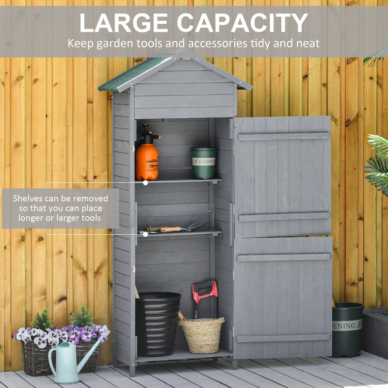 Capacity panel showing garden tools and pots stored on the shed's two shelves