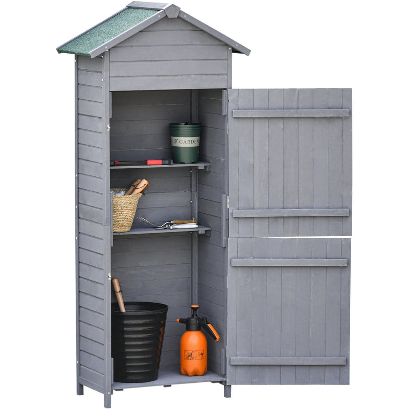 Studio view of the shed with doors open, showing two shelves and the floor level