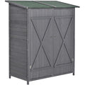 Grey wooden garden shed with braced double doors closed, angled studio view