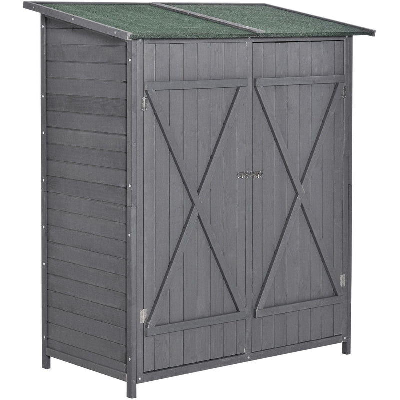 Grey wooden garden shed with braced double doors closed, angled studio view