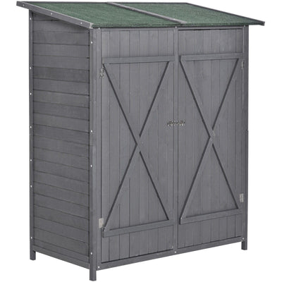 Grey wooden garden shed with braced double doors closed, angled studio view