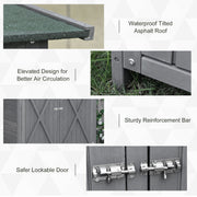 Close-ups of the tilted asphalt roof edge and the raised feet under the shed