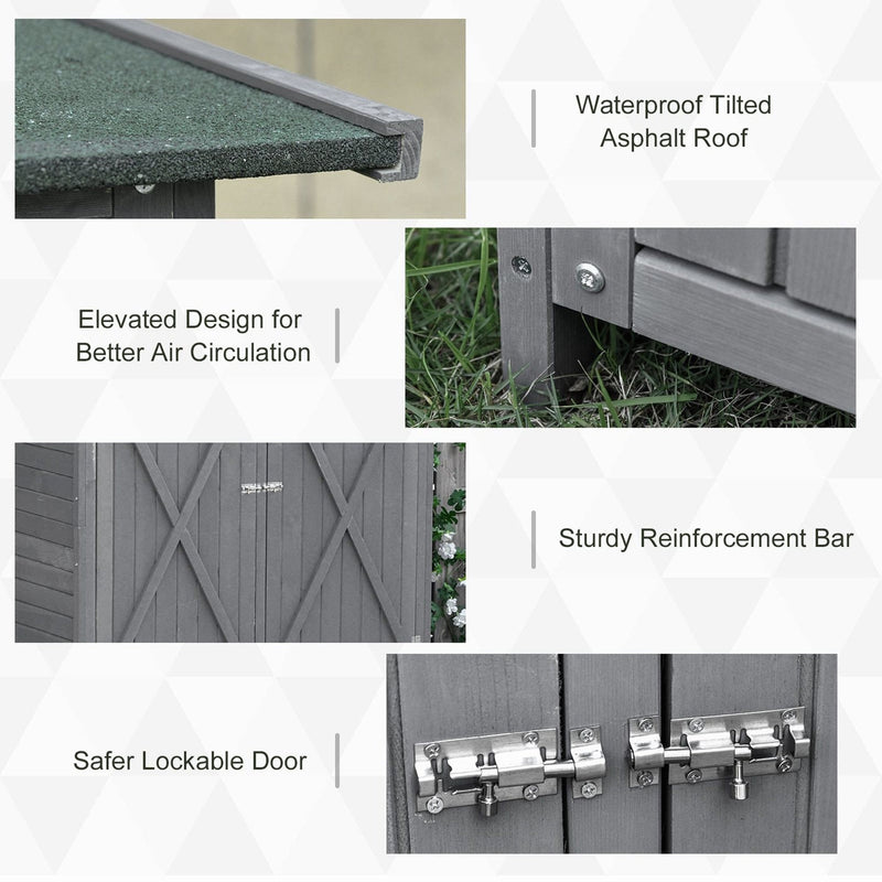 Close-ups of the tilted asphalt roof edge and the raised feet under the shed