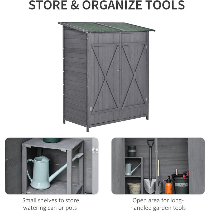 Panel showing the shelved side for pots and the open side for long-handled tools