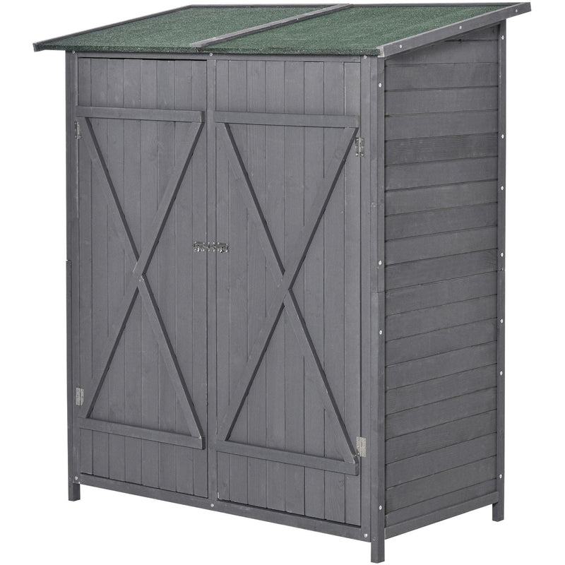 Grey wooden shed seen from above, showing the sloping roof and side panel