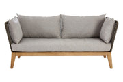 Grey woven rope 3 seater sofa with wooden legs, plain background