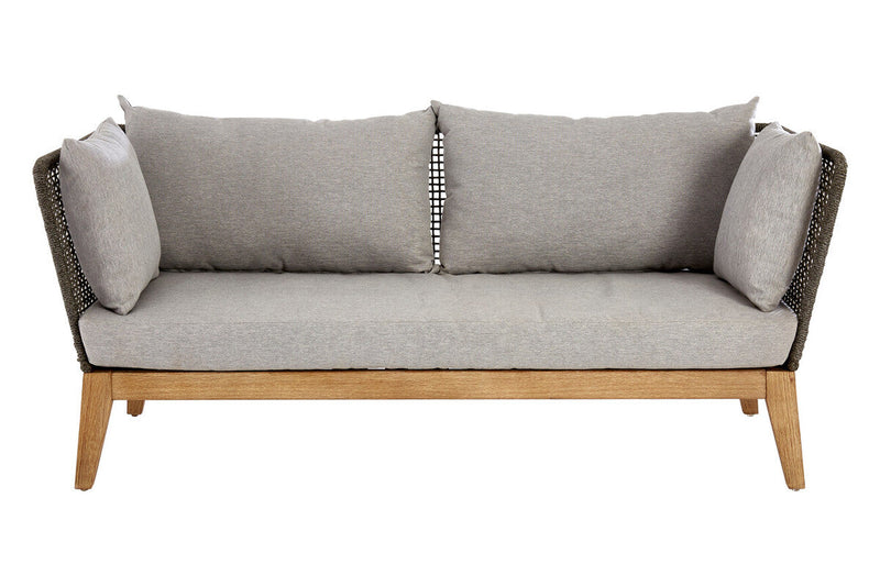 Grey woven rope 3 seater sofa with wooden legs, plain background