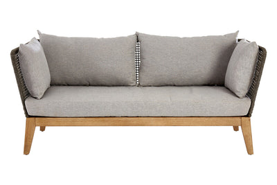 Grey woven rope 3 seater sofa with wooden legs, plain background