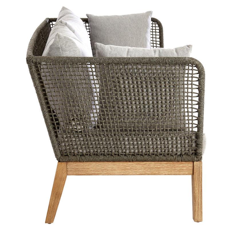 Side view of the grey woven rope sofa on a plain background