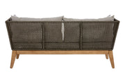 Angled view of the grey woven rope sofa showing tapered leg detail
