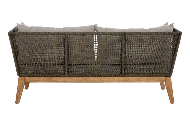 Angled view of the grey woven rope sofa showing tapered leg detail