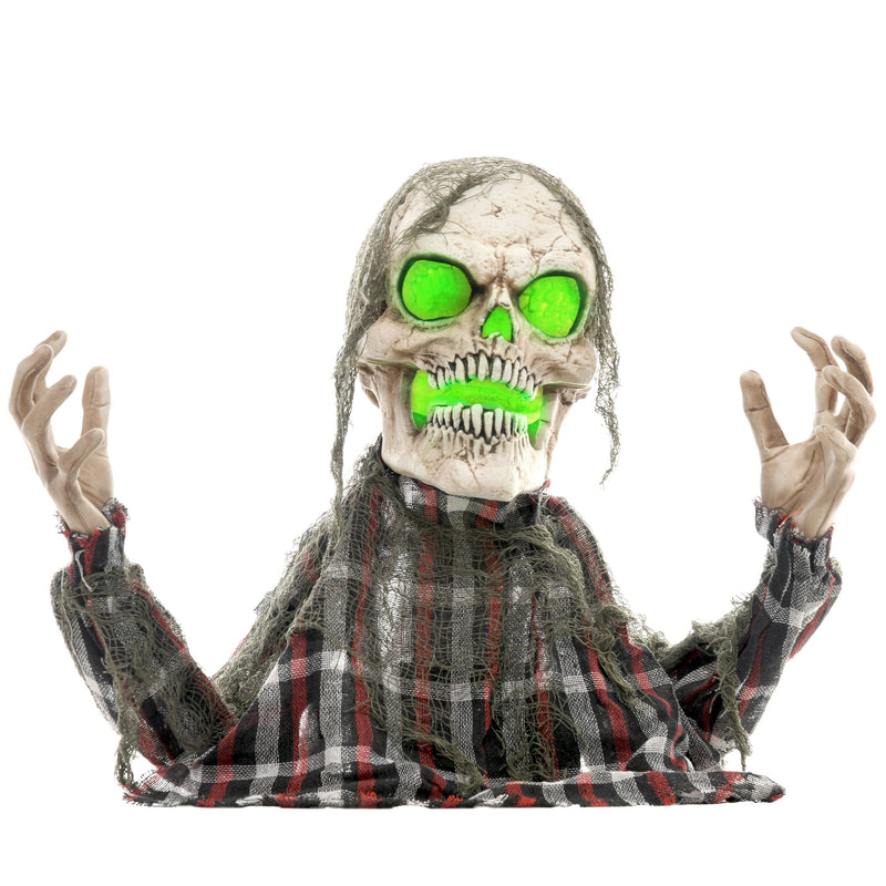 Homcom groundbreaker skeleton Halloween animatronic with glowing green eyes on a white studio background