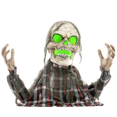 Homcom groundbreaker skeleton Halloween animatronic with glowing green eyes on a white studio background
