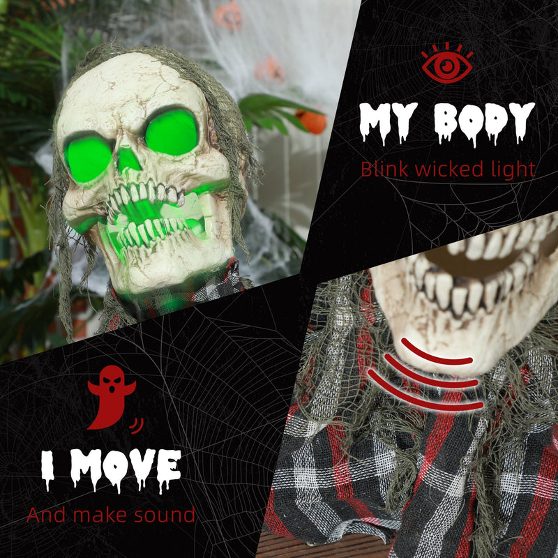Feature collage showing the glowing green light-up body and howling sound of the Homcom groundbreaker skeleton
