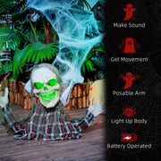 Feature list showing sound, movement, posable arm, light-up body and battery power for the Homcom groundbreaker skeleton