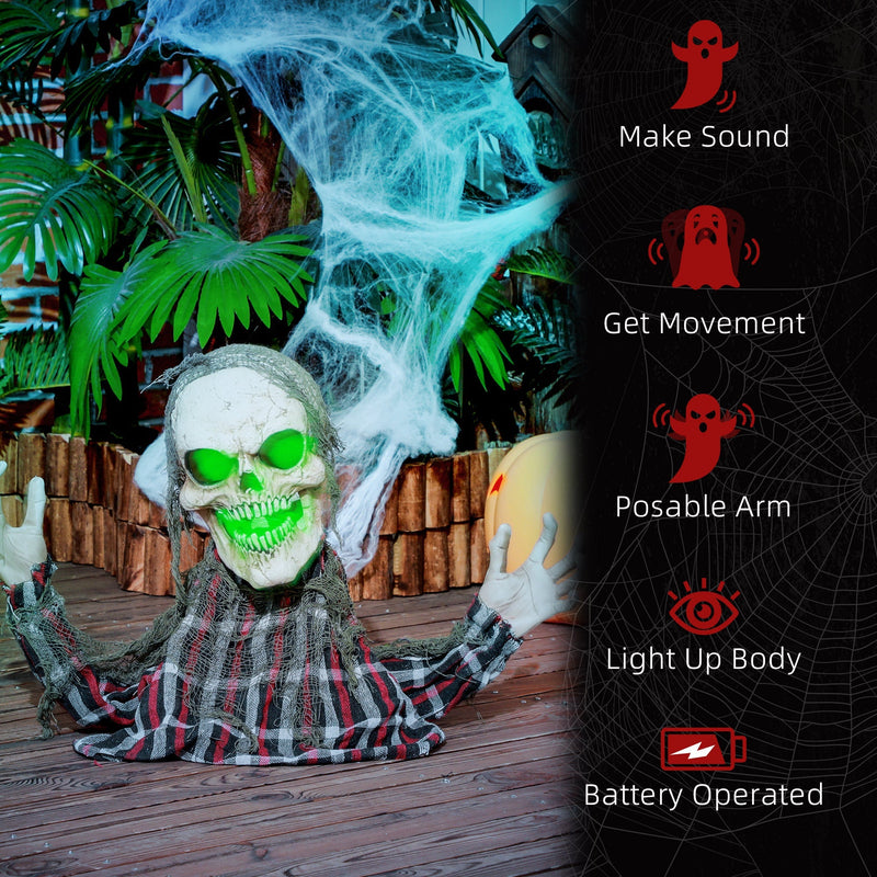 Feature list showing sound, movement, posable arm, light-up body and battery power for the Homcom groundbreaker skeleton