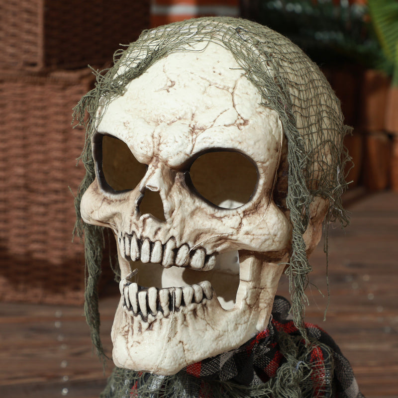 Close-up of the skull and green mesh hair on the Homcom groundbreaker skeleton