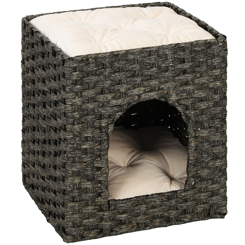 Two Level Cat House with Hideaway and Lounging Platform Easy Clean Grey Beige